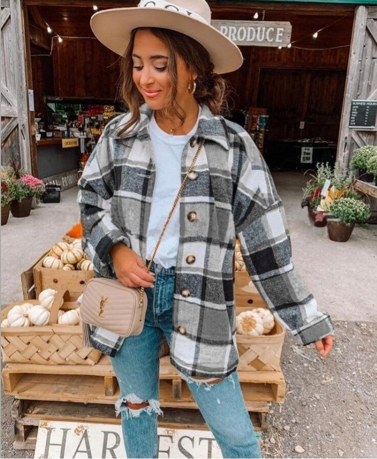 Women's Autumn And Winter Long-Sleeved Loose Plaid Shirt Jacket
