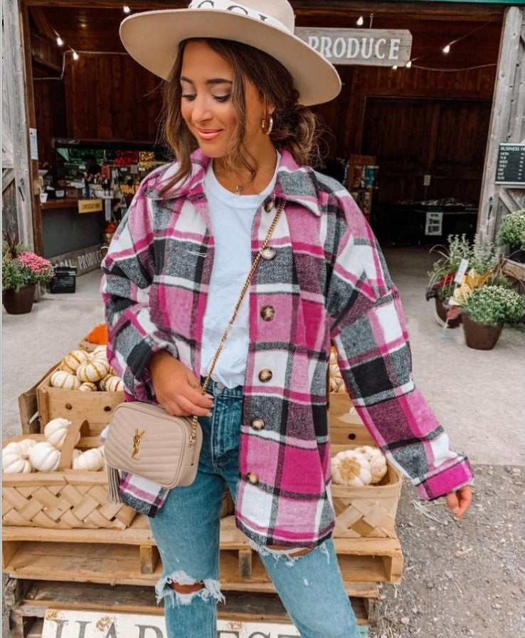 Women's Autumn And Winter Long-Sleeved Loose Plaid Shirt Jacket