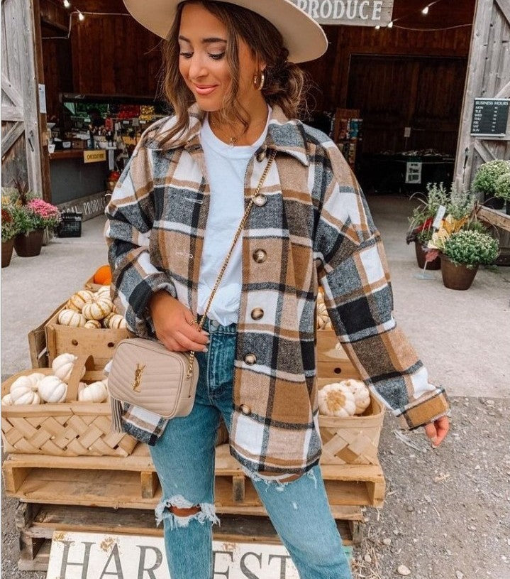 Women's Autumn And Winter Long-Sleeved Loose Plaid Shirt Jacket