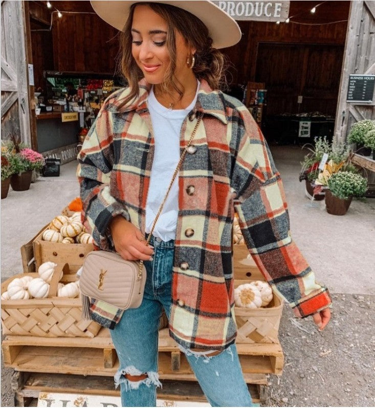 Women's Autumn And Winter Long-Sleeved Loose Plaid Shirt Jacket