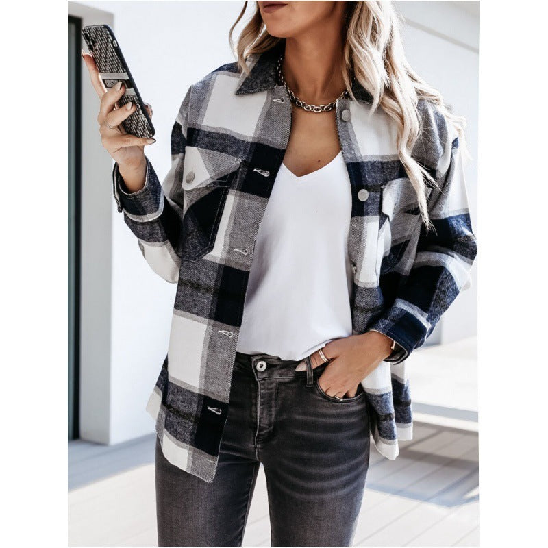 Women's Autumn And Winter Long-Sleeved Loose Plaid Shirt Jacket