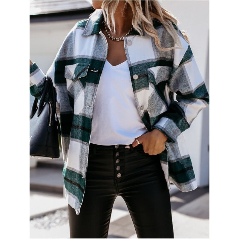 Women's Autumn And Winter Long-Sleeved Loose Plaid Shirt Jacket