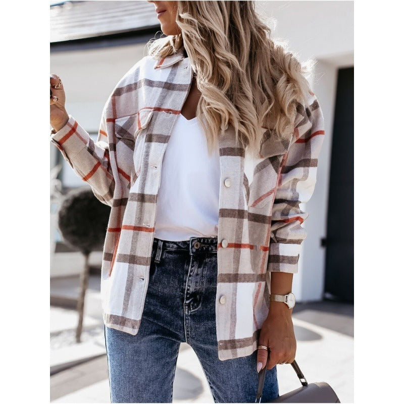 Women's Autumn And Winter Long-Sleeved Loose Plaid Shirt Jacket