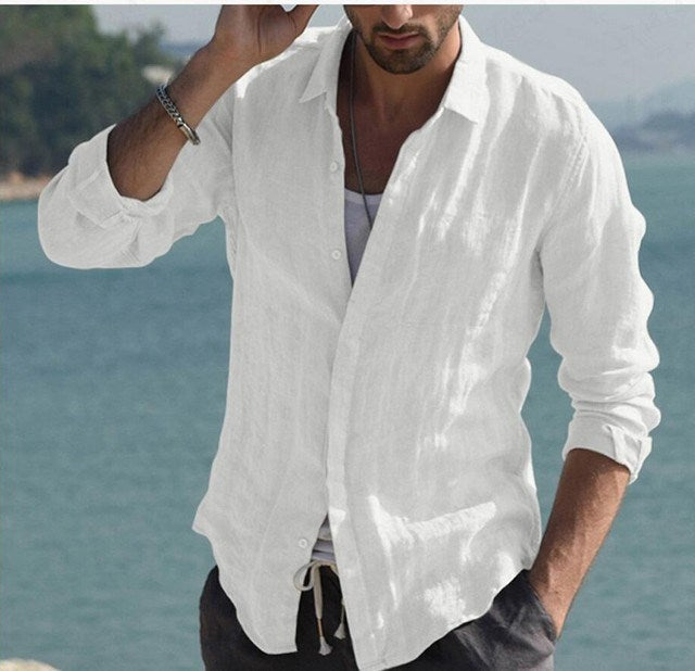 Men's Shirt Cotton Blend Pocket Solid Long-Sleeve Tops