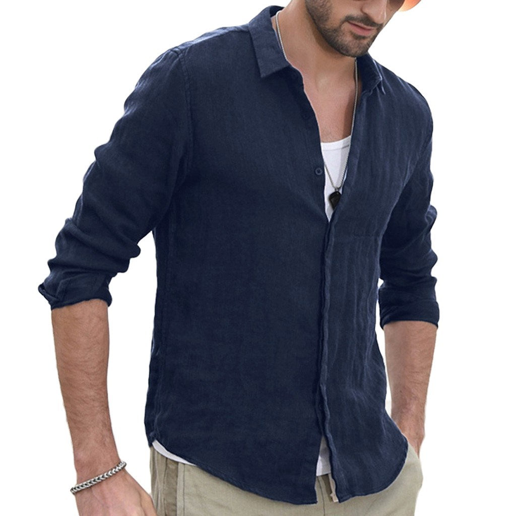 Men's Shirt Cotton Blend Pocket Solid Long-Sleeve Tops
