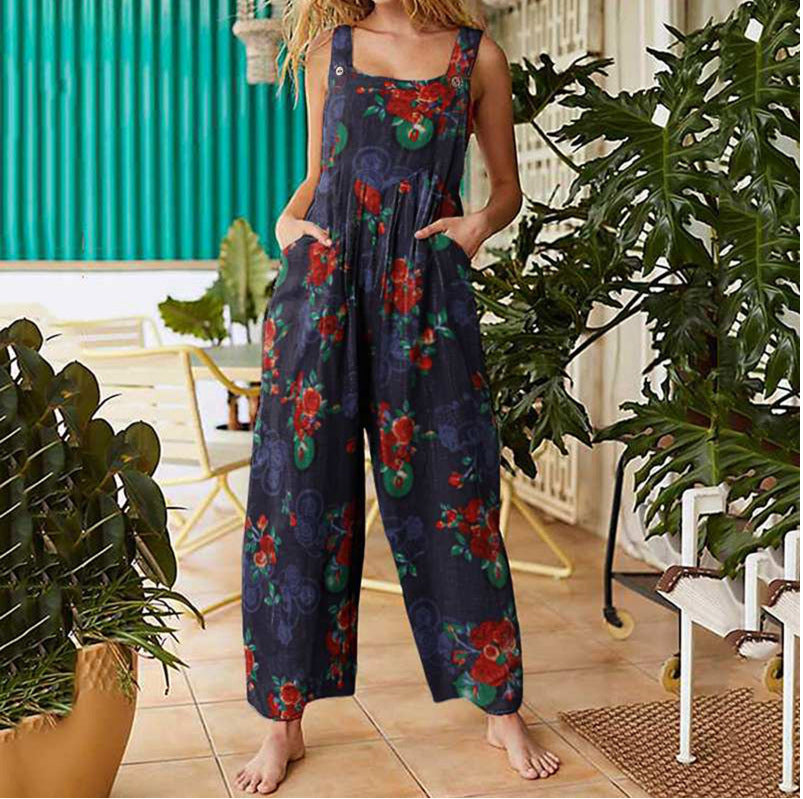Patchwork Printed Button Suspender Jumpsuit For Women
