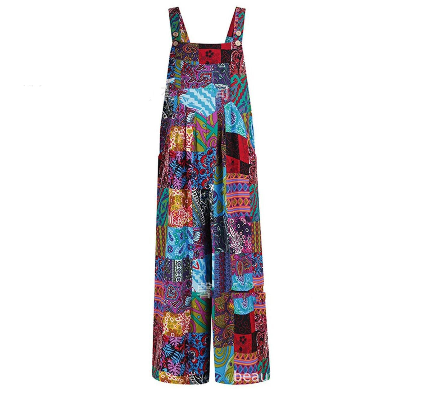 Patchwork Printed Button Suspender Jumpsuit For Women