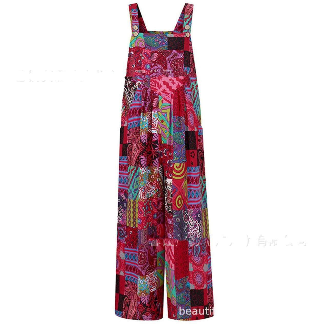 Patchwork Printed Button Suspender Jumpsuit For Women