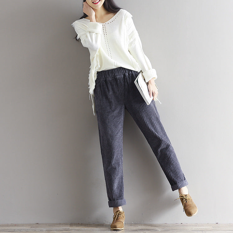 Women's Large Size Art Fan Xian Thin Corduroy Pants, Autumn and Winter Loose Casual Trousers For Ladies