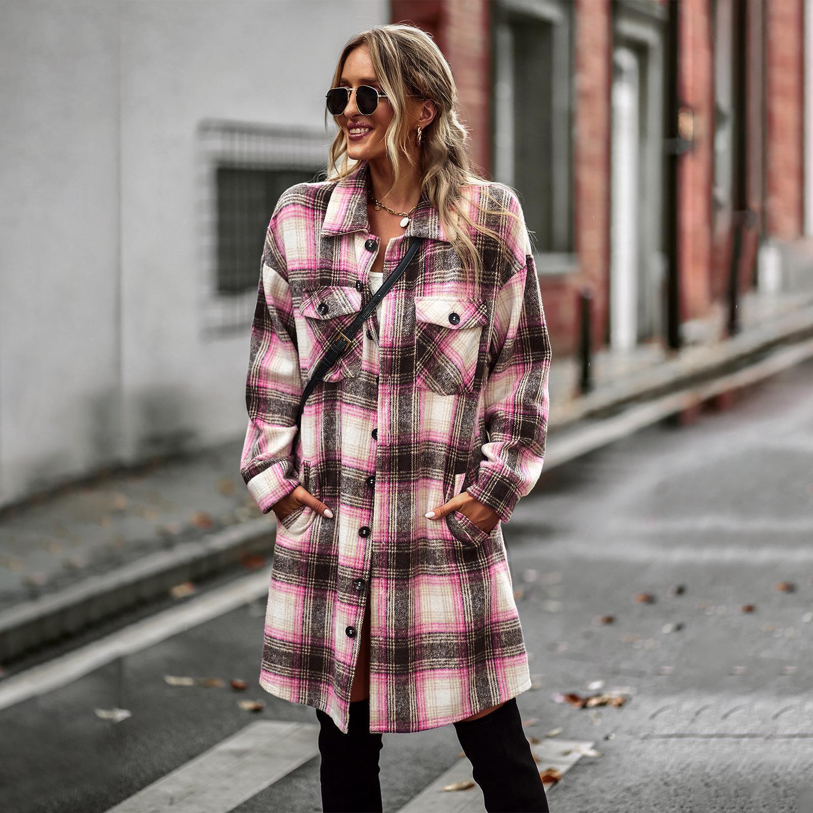 Women's Temperament Leisure Long Plaid Tup Cardigan Coat