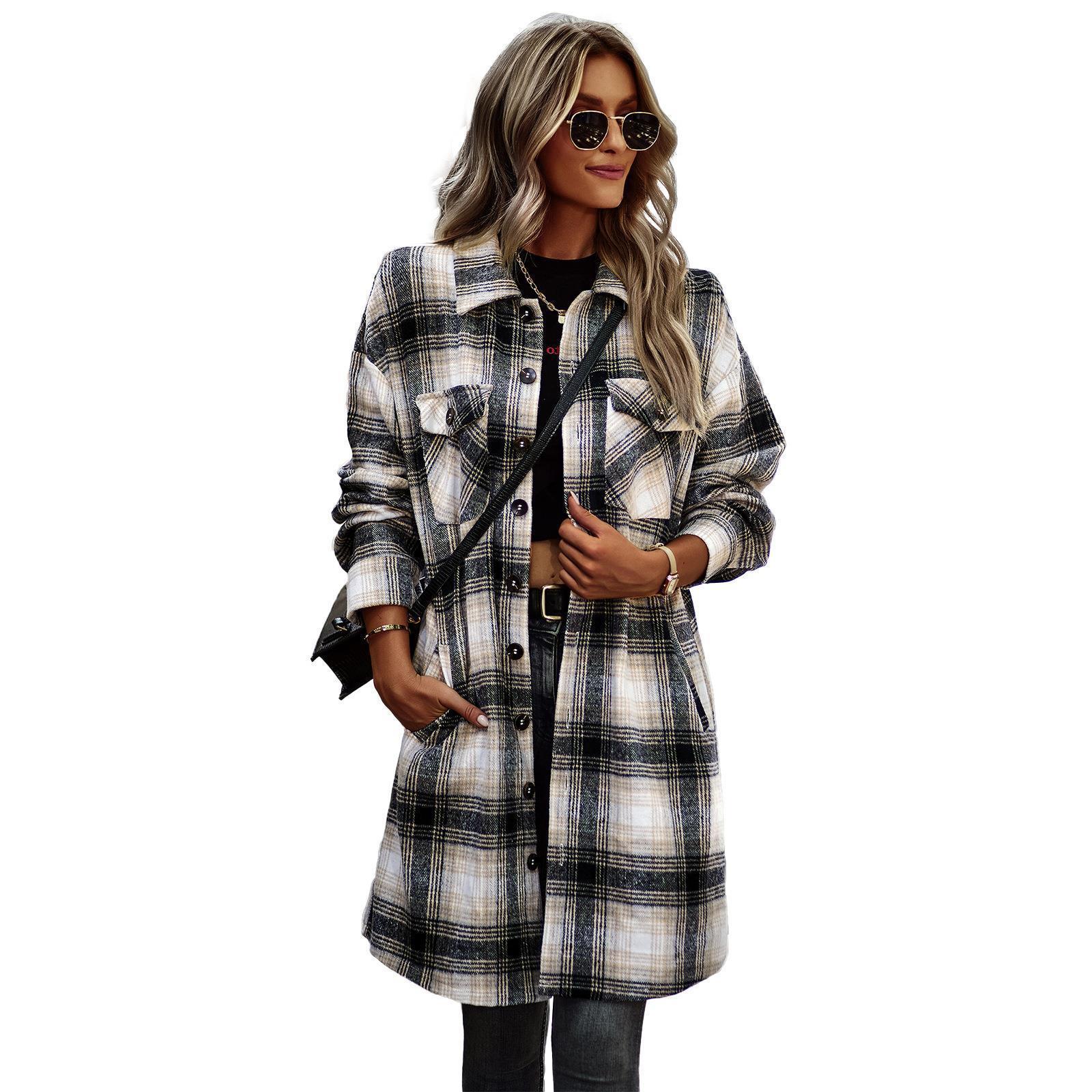 Women's Temperament Leisure Long Plaid Tup Cardigan Coat