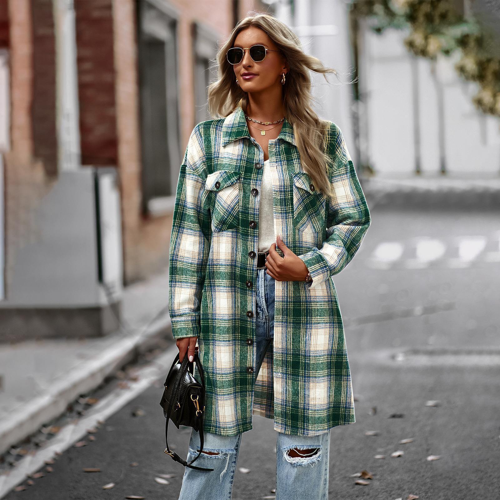 Women's Temperament Leisure Long Plaid Tup Cardigan Coat