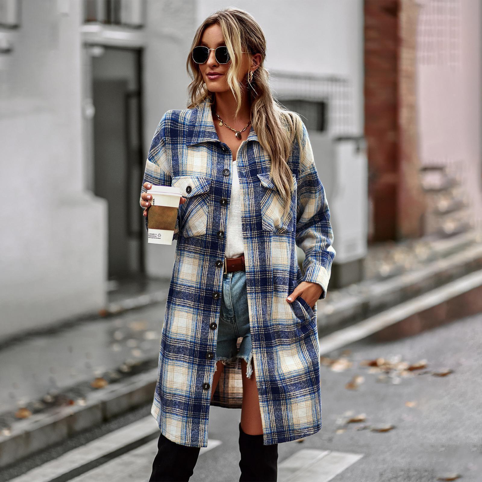 Women's Temperament Leisure Long Plaid Tup Cardigan Coat