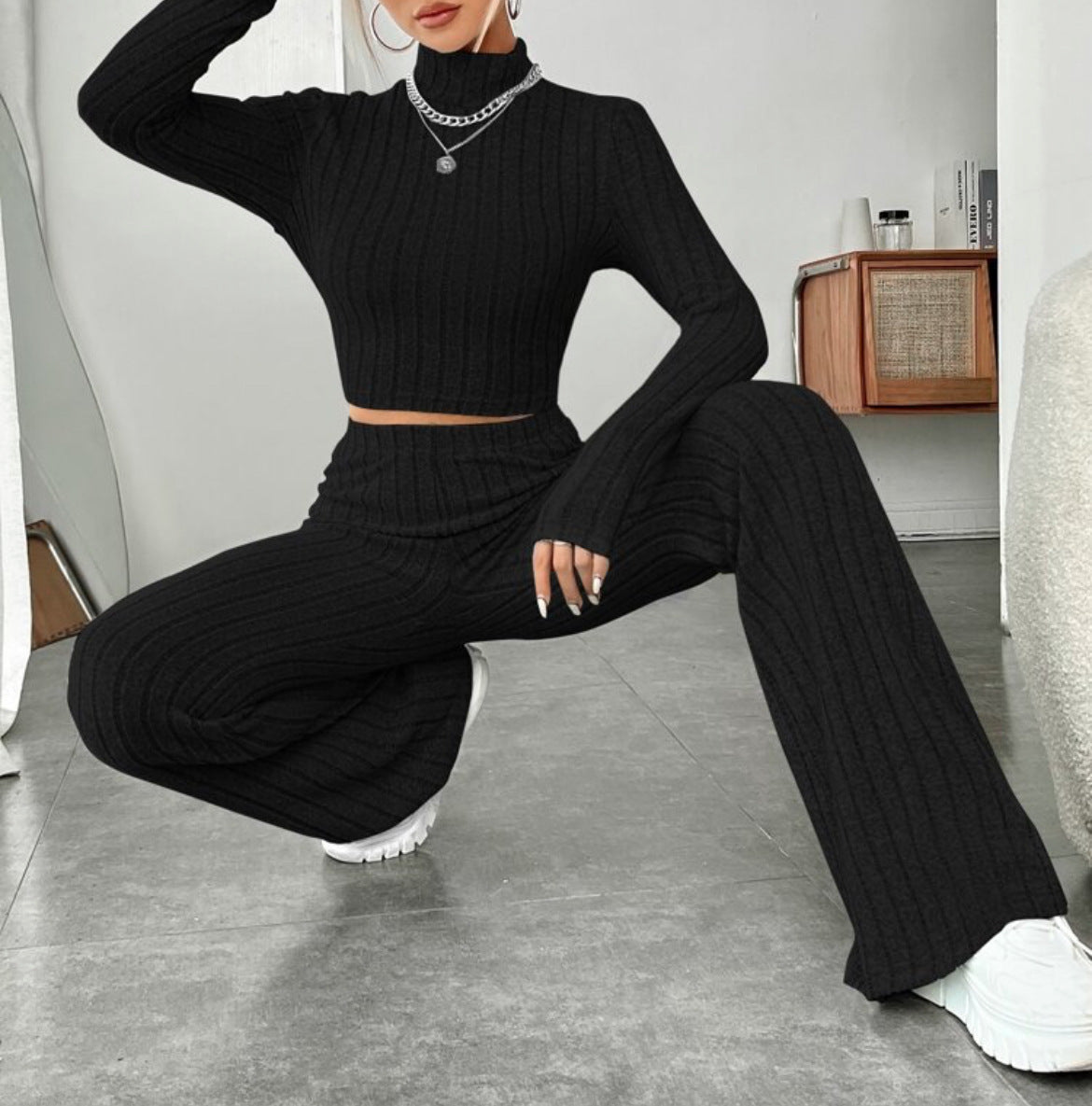 Long Sleeve Turtlenecks Wide Leg High Waist Trousers Suit For Women