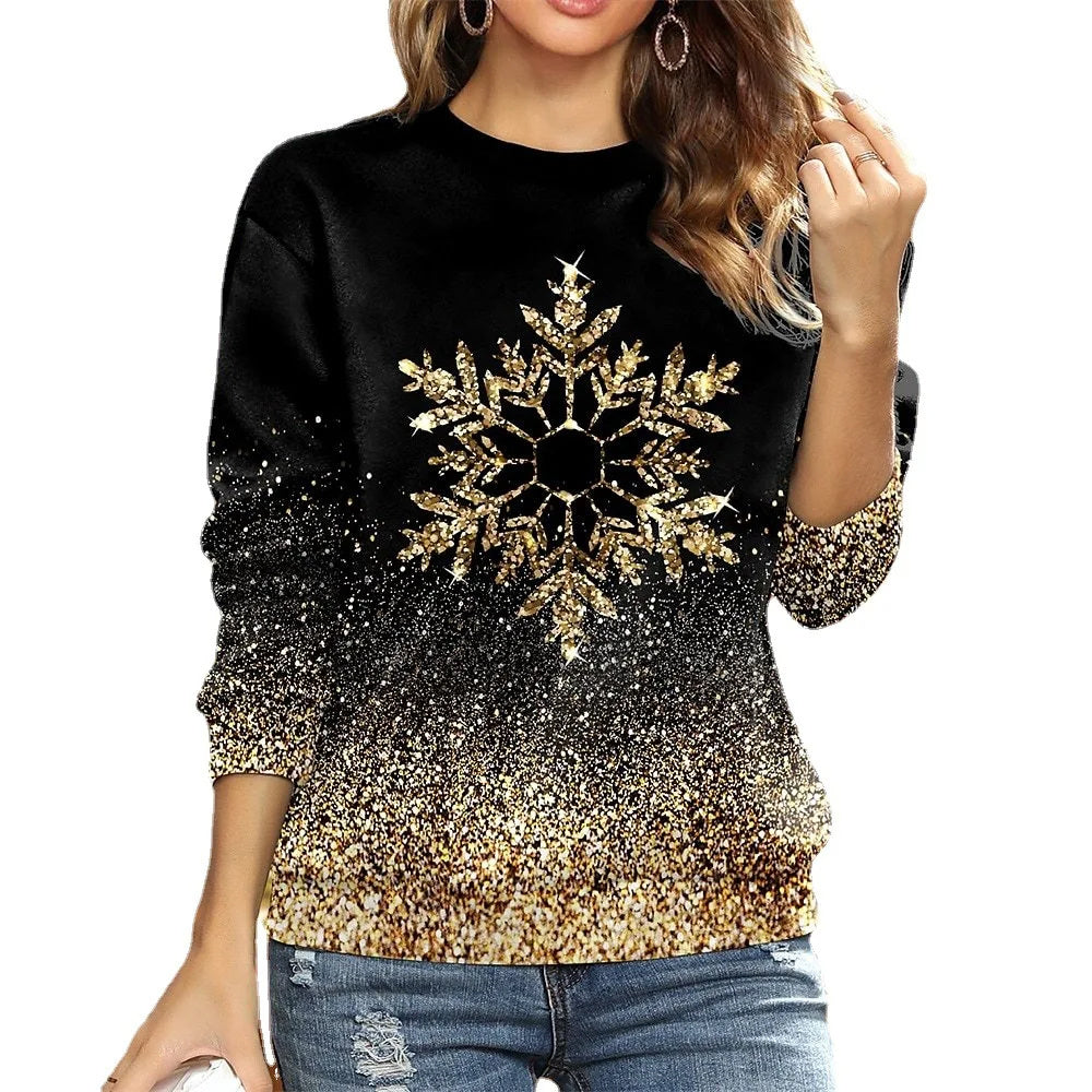 Women's Popular Round Neck Sweater With Golden Snowflake Figure