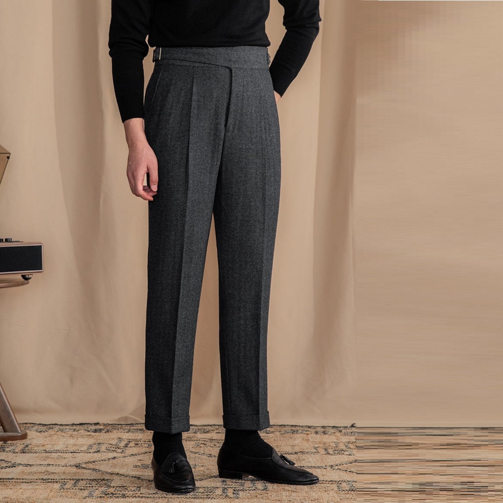 Herringbone Pattern Auger Casual British Tweed High Waist Trousers - Straight-Leg Warm Pants