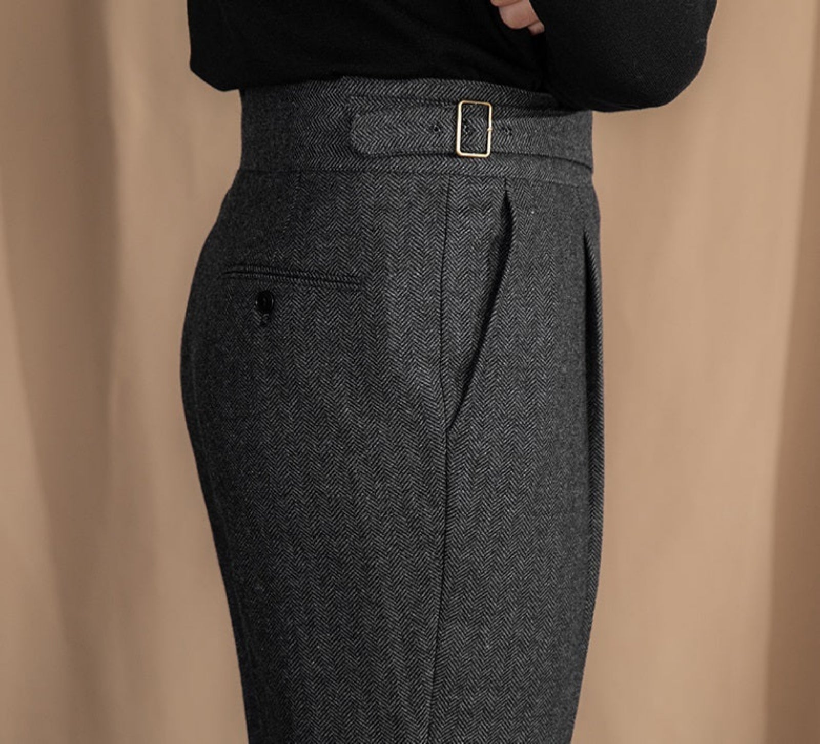 Herringbone Pattern Auger Casual British Tweed High Waist Trousers - Straight-Leg Warm Pants
