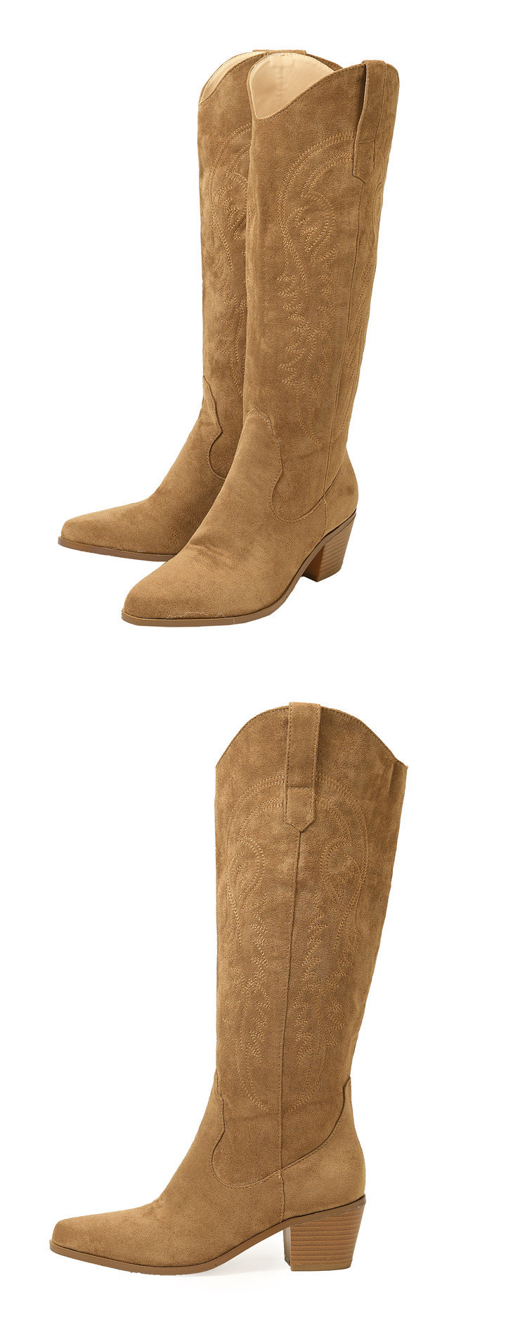 Women's Chunky Heel Knee-High Embroidery Slip-On Middle Boots