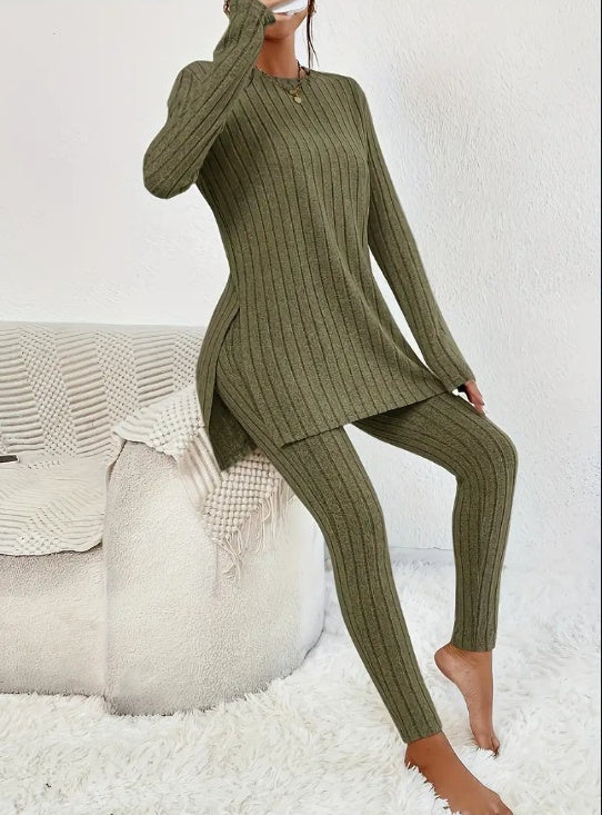 Fashion Casual Long Sleeve Split Irregular Round-Neck Shirt Trousers Suit