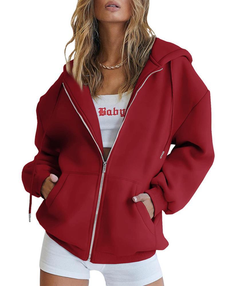 Women's Fashion Casual Solid Colour Drawstring Zipper Hooded Sweatshirt