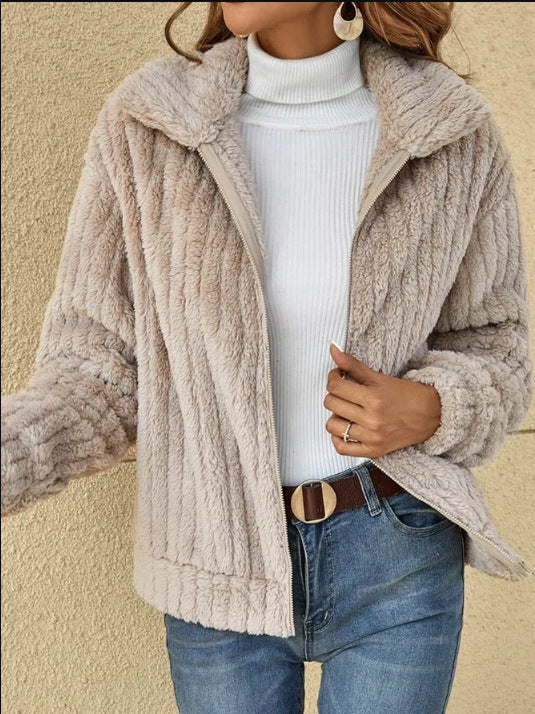Autumn And Winter Improved Pit Striped Plush Cardigan Lapel Short Jacket For Ladies