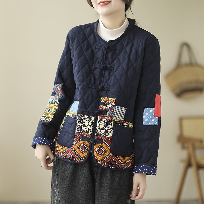 Vintage Patch Cardigan Loose Casual Buckle Rhombus Cotton-Padded Jacket