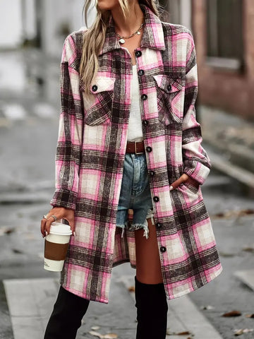Women's Vintage Plaid Long Cardigan Shirt Jacket For Ladies