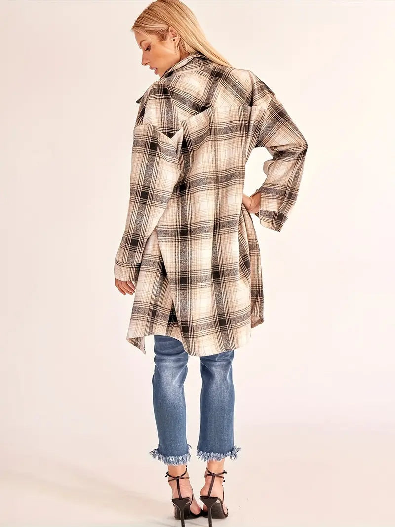 Women's Vintage Plaid Long Cardigan Shirt Jacket For Ladies