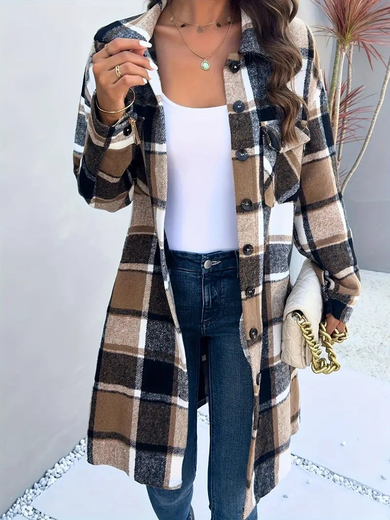 Women's Vintage Plaid Long Cardigan Shirt Jacket For Ladies