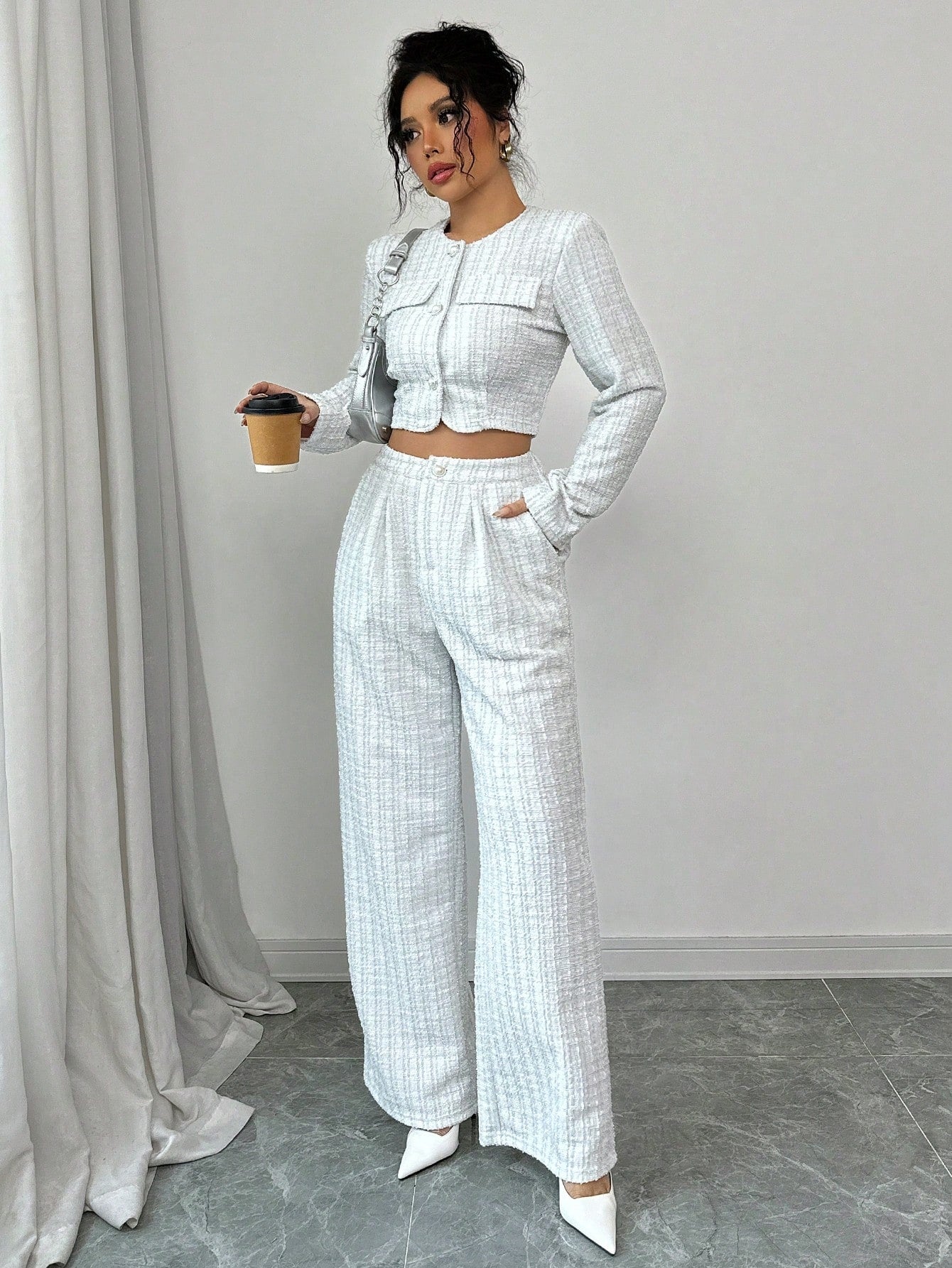 Women's Elegant Round Neck Pearl Button Textured Jacket And Long Pants With Pearl Buttons - Spring And Autumn Long-Sleeve Short Pants Suit And Tweed Short Jacket
