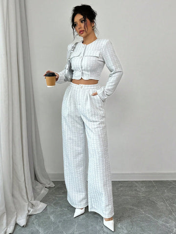 Women's Elegant Round Neck Pearl Button Textured Jacket And Long Pants With Pearl Buttons - Spring And Autumn Long-Sleeve Short Pants Suit And Tweed Short Jacket