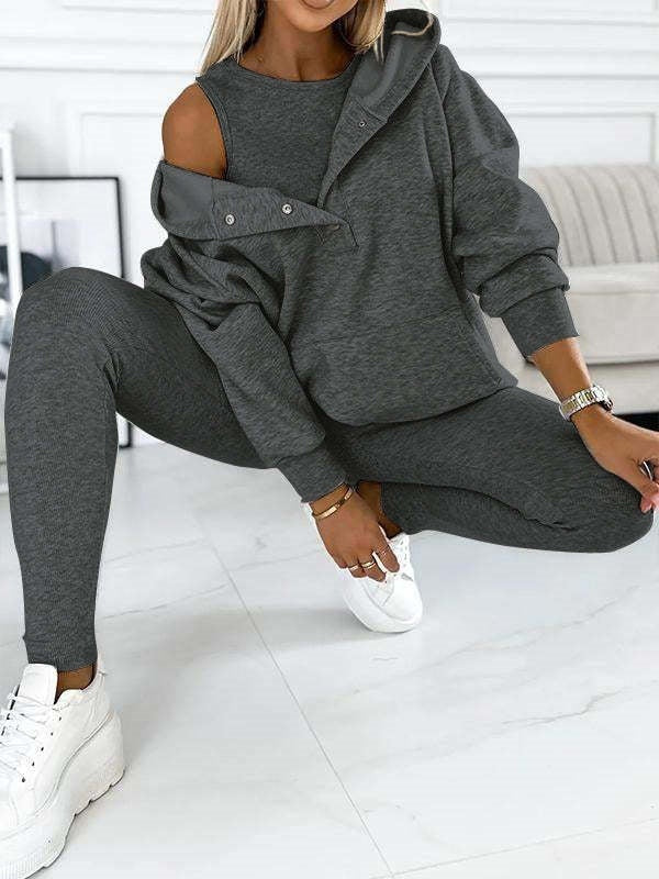 Athleisure Hoodie With Thick Thread Slim-Fit Vest Pants Three Pieces Set For Women