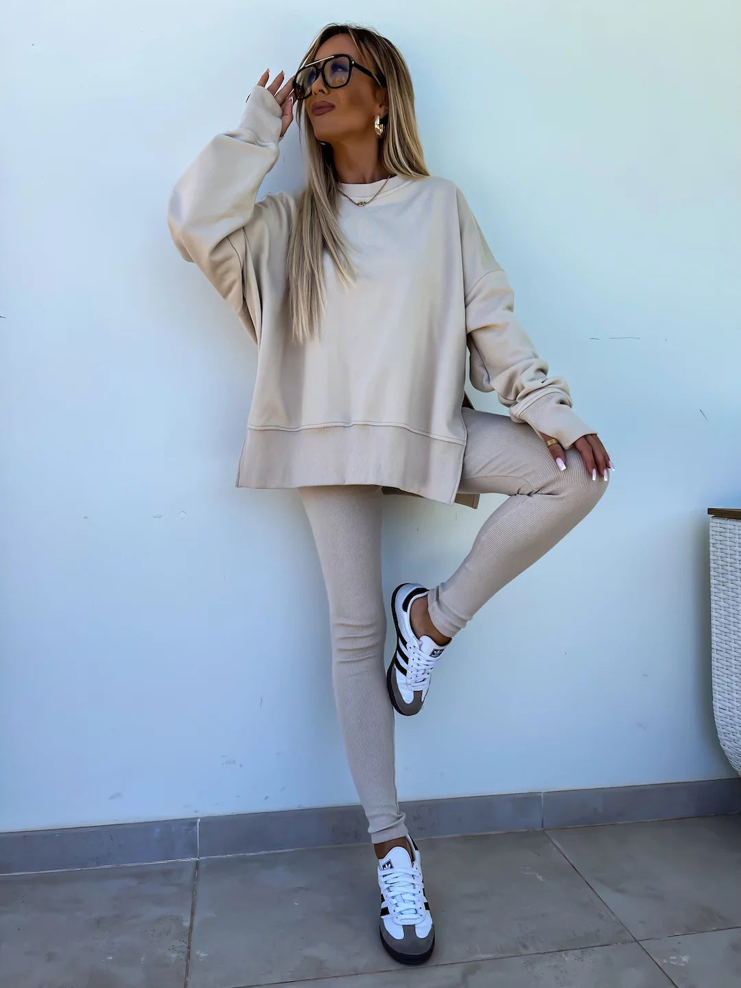 Women's Sweater Suit - Casual Loose Long Sleeve Crew Neck Split Top With Tight Trousers