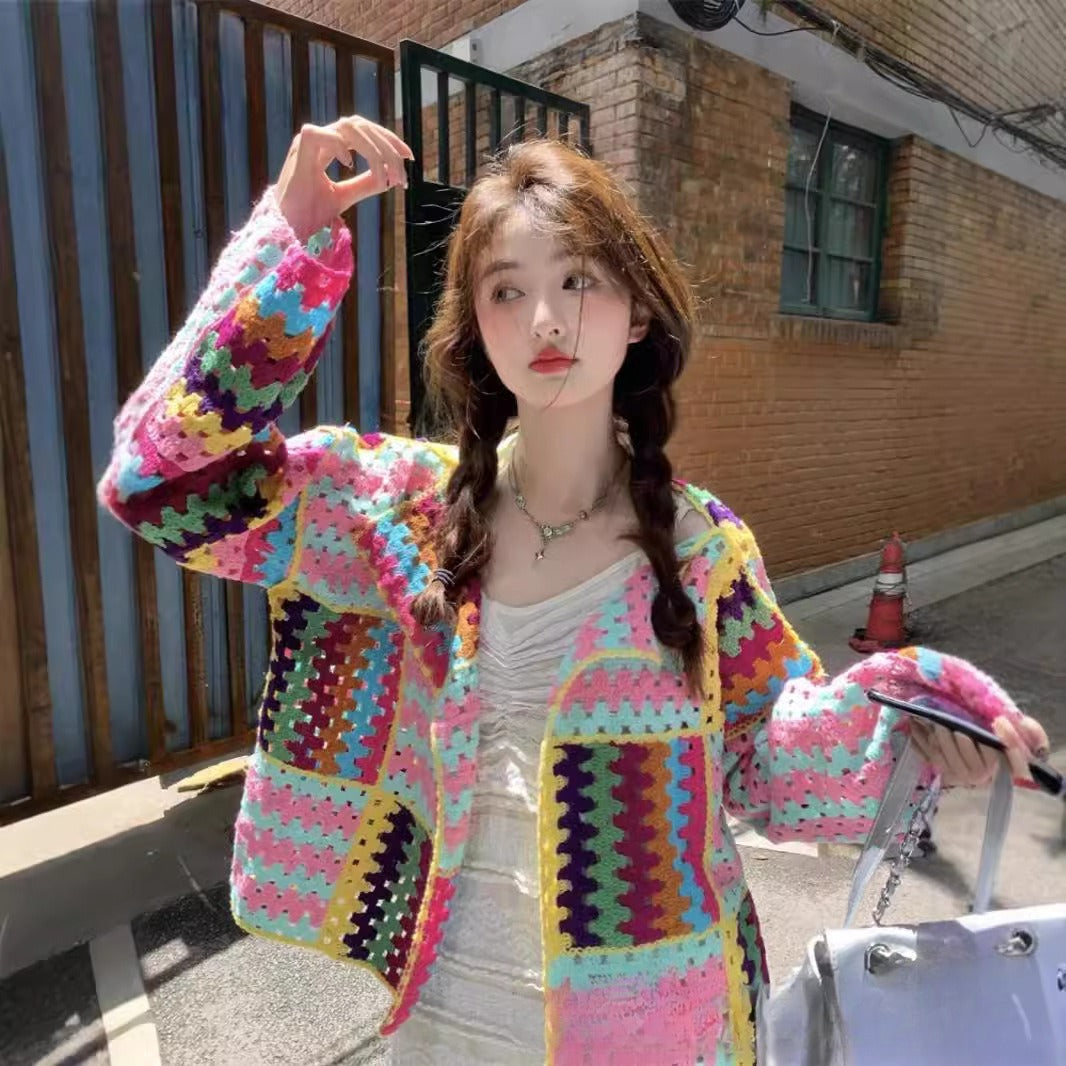 Sweet Heavy Industry Colour Woven Crochet Loose Slim Long Sleeve Sweater For Women