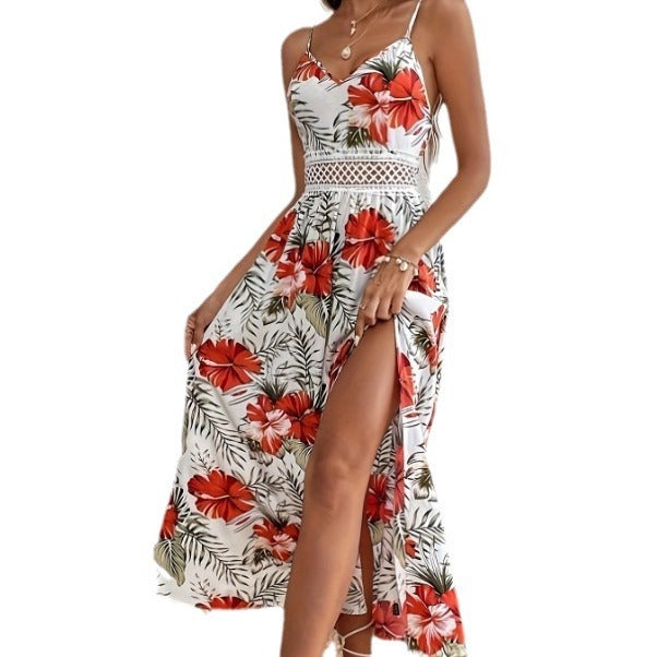 Printed V-Neck Brace Lace Stitching High Slit Dress