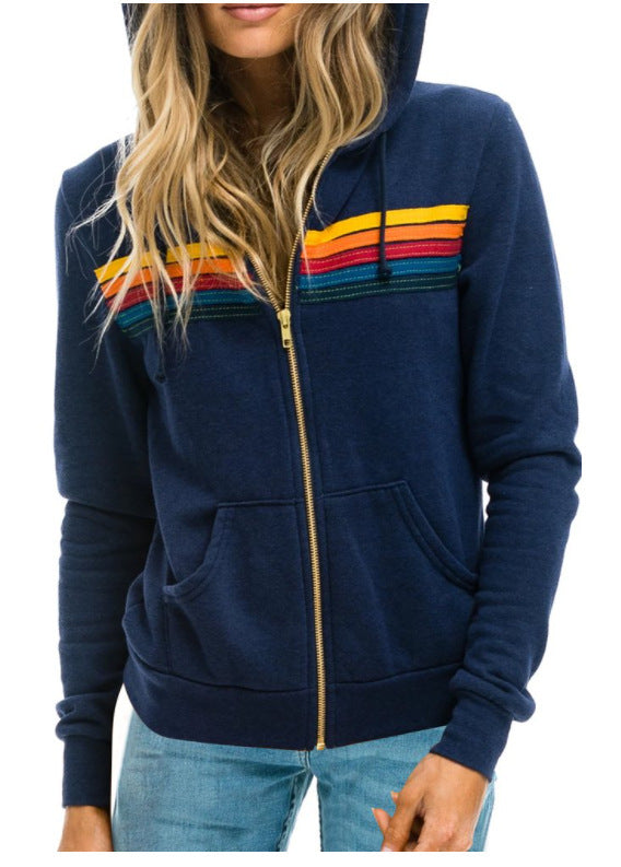 European And American Women's Casual Rainbow Sweater Jacket