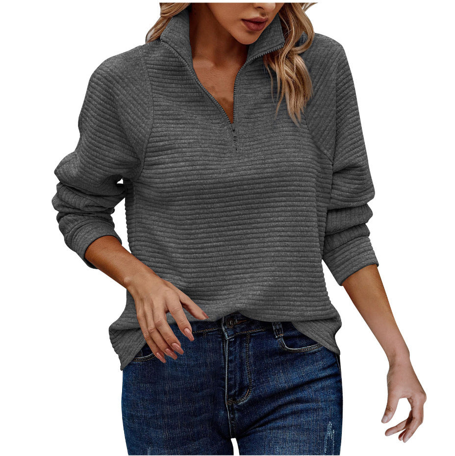 Women's Zipper Stand Collar Pullover Sweatshirt - Solid Striped Long Sleeve Top For Spring And Autumn