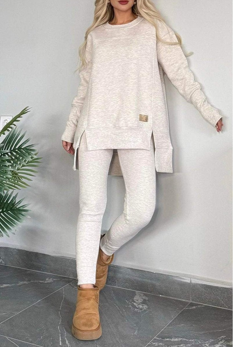 Women's Slit Long-Sleeve Top And Trousers Suit
