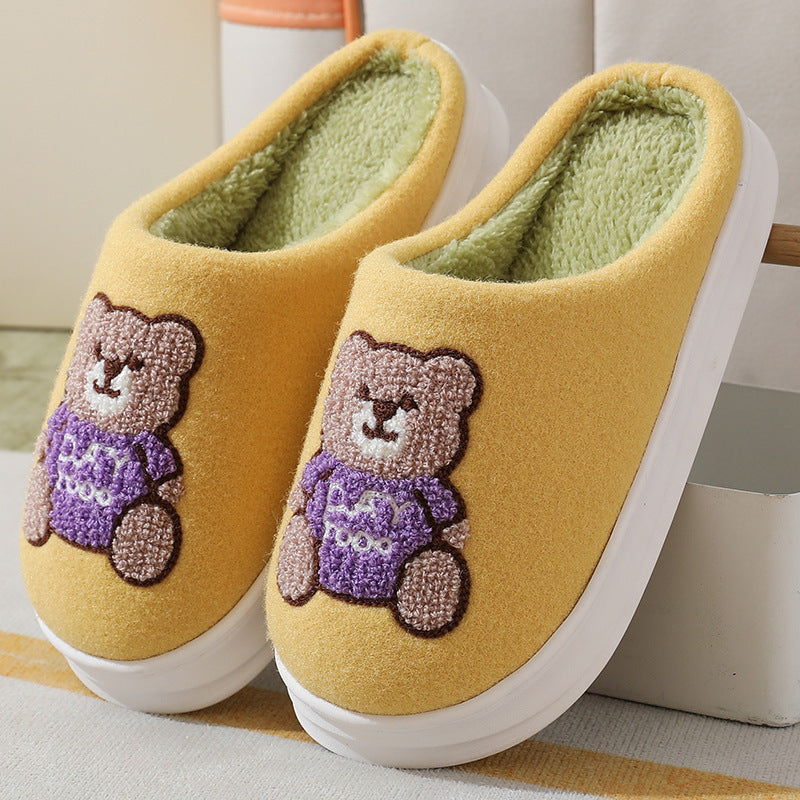 Women's Cartoon Bear Woollen Winter Warm Slippers - Indoor Thick-Soled Non-Slip Breathable House Shoes
