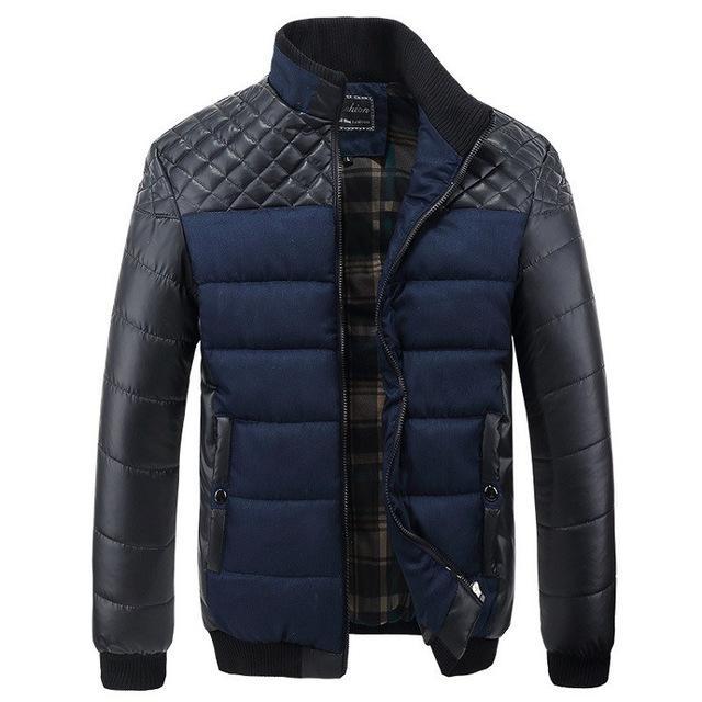 Men's Winter Outerwear Jackets and Coats With Self-Cultivation Collar - 4XL PU Patchwork Stitching