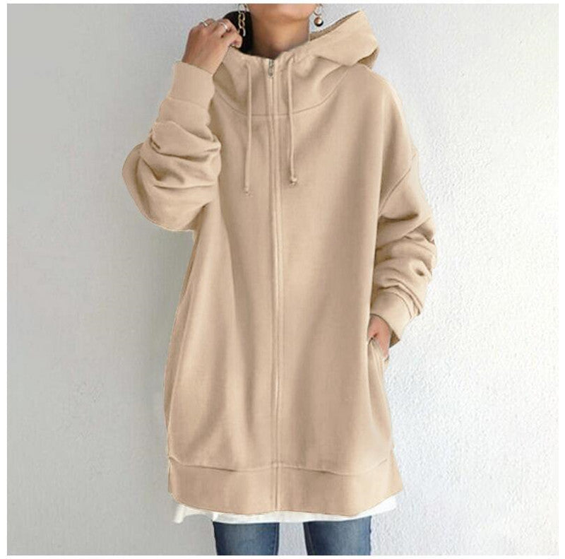 Women's Oversized Loose Hooded Coats, Autumn Tie Collar Long Sleeve Zipper Up And Velvet Long Sweatshirt Sizes S-5XL