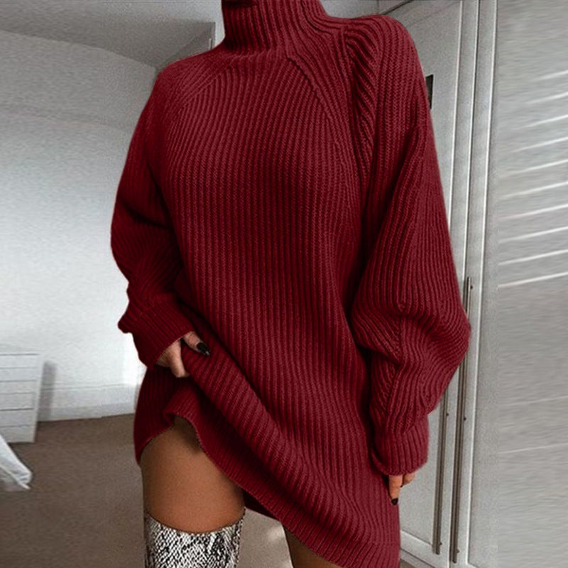Women's Solid Warm Turtleneck Long Sweater Dress For Winter