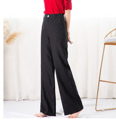 Women's Drape High-Waist Straight Long Pants With Loose Thin Cotton and Linen