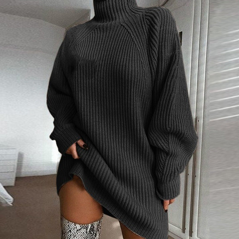 Women's Solid Warm Turtleneck Long Sweater Dress For Winter