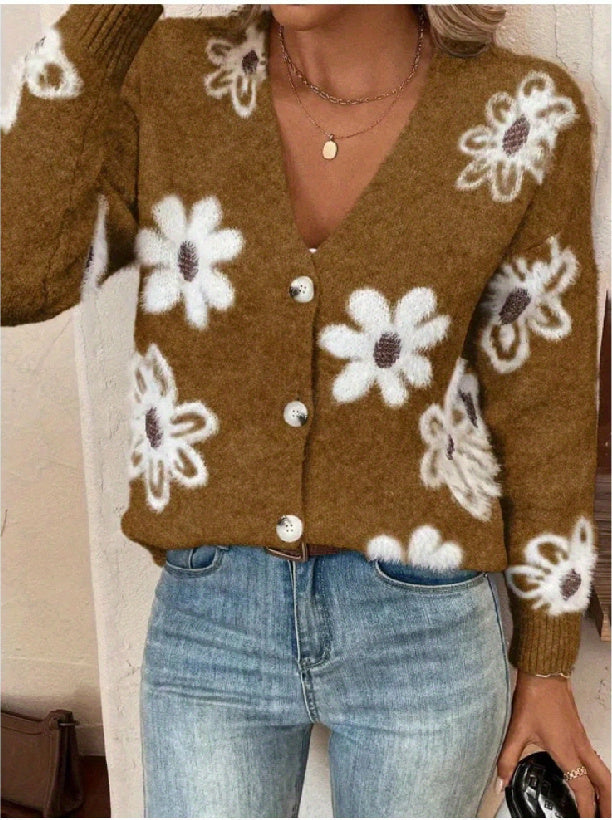 Women's Flowers Print Button Front Cardigan