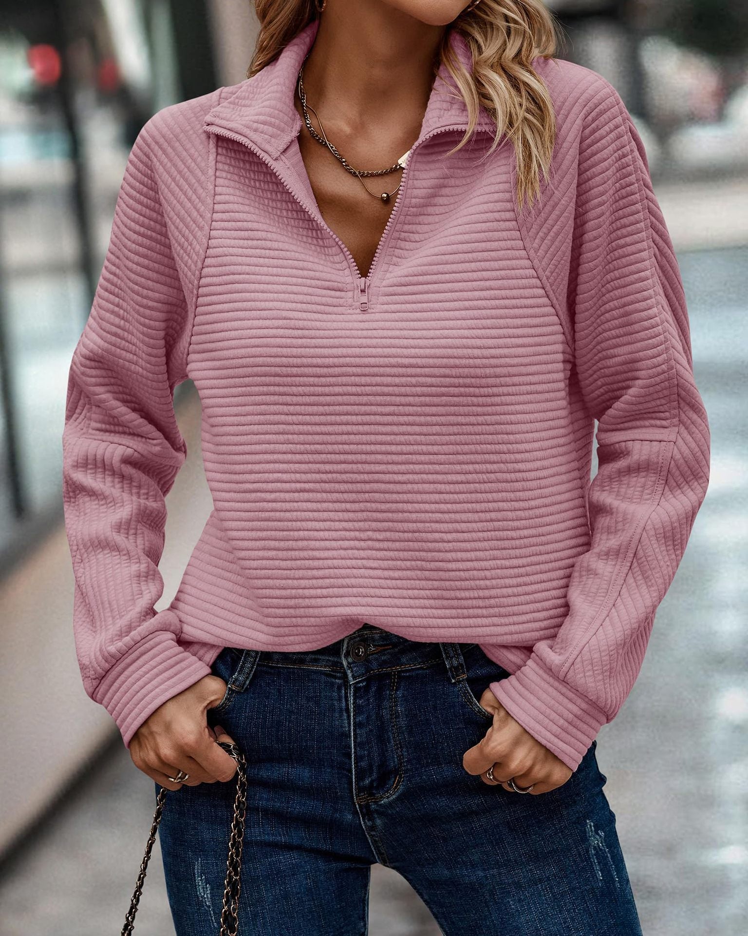 Women's Zipper Stand Collar Pullover Sweatshirt - Solid Striped Long Sleeve Top For Spring And Autumn