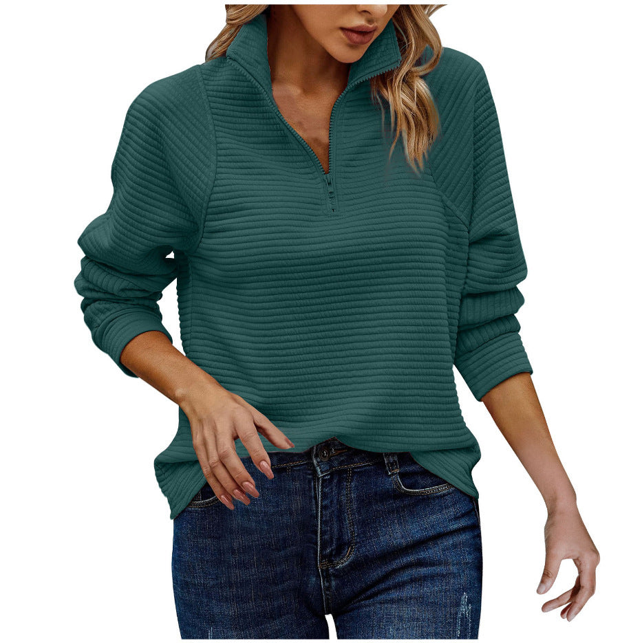 Women's Zipper Stand Collar Pullover Sweatshirt - Solid Striped Long Sleeve Top For Spring And Autumn