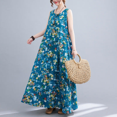 Women's Printed Cotton Linen Round Neck Sleeveless Dress