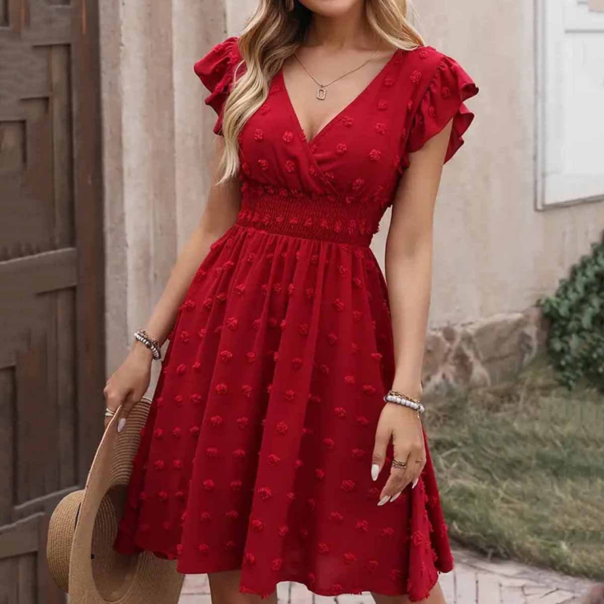 Jacquard Big Fur Ball Elastic Waist Ruffle Sleeve Short Sleeve V-Neck Dress