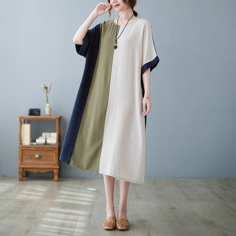 Women's Cotton And Linen Loose Half Sleeve Contrast Panelled Dress